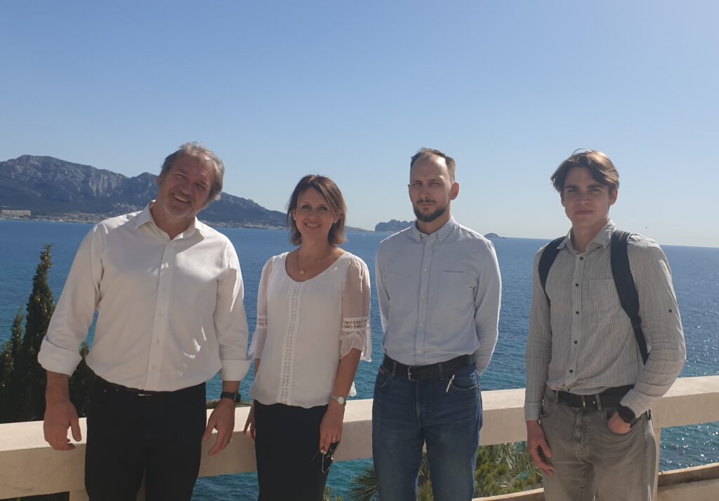 prof. Viktor Jirsa (EBRAINS Scientific Leader), prof. Aušra Saudargienė (LSMU), dr. Augustinas Fedaravičius (LSMU), Dmytro Klepachevskyi (LSMU) at the EBRAINS 2.0 Kick off meeting at the Aix-Marseille University, France, 12 February 2024